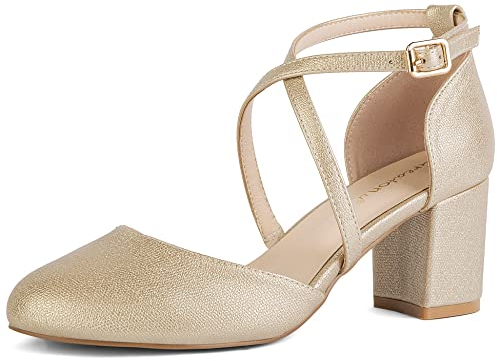 Greatonu Damen Pumps Riemchenpumps Spangenpumps Sandale mit Kreuz Knöchelriemen Blockabsatz Geschlossener Spitze Glitzer Pumps - Perfekt für Hochzeiten und Partys Golden 37 EU