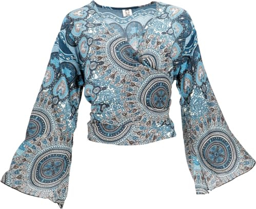 GURU SHOP Kurztop, Boho Blusentop, Wickeltop, Wickelbluse - Türkis/weiß, Damen, Synthetisch