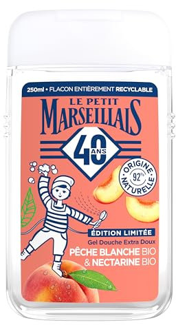 Le Petit Marseillais | Gel Douche Extra Doux Pêche Blanche Bio & Nectarine Bio (flacon de 250 ml) – 92 % d'ingrédients d'origine naturelle – Édition limitée 40 ans