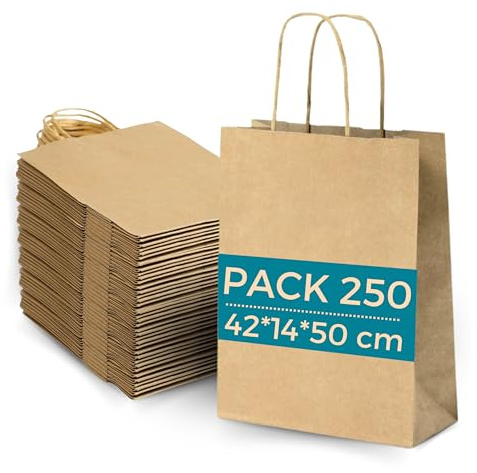 Lot 250 Sacs Papier Kraft Marron avec Anses 42x14x50cm - Sac pour Shopping Cadeaux Mariages