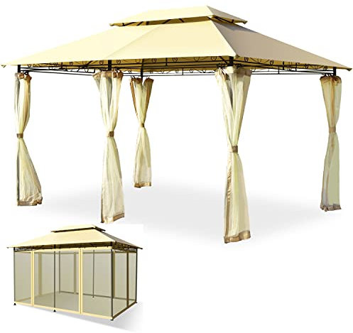 RELAX4LIFE Tonnelle de Jardin Extérieur avec Moustiquaire et Toiles Amovibles Imperméables, Pavillon de Jardin en Fer et Polyester avec 4 Parois, Revêtement PU, Piquets de Terre (Beige)