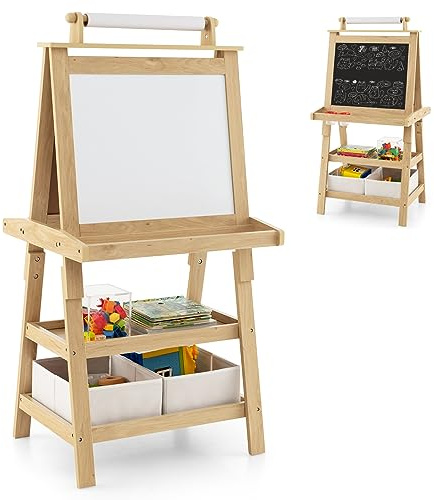 GYMAX Wooden Kids Easel, Double Sided Whiteboard & Chalkboard Painting Easel with Paper Roll, 2 Storage Boxes and 2 Pigment Cups, Art Drawing Board Stand for Children (Natural)