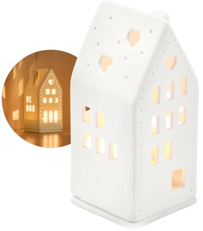 COM-FOUR® Casa de Luz de Té de Porcelana - Casa de Porcelana Mate con Base de Vela de Té - Casa de Luz - Decoración Elegante de la Habitación en Forma de Casa (14cm)