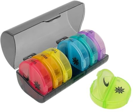 BOJIUSARL Pilulier Hebdomadaire Rond 7 Jours Boîte à Comprimés avec 14 Compartiments Sans BPA Matin et Soir Pilluliers Medicaments Boîte de Rangement Huile de Poisson Vitamines Suppléments, Coloré