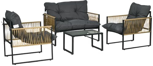 Outsunny Salon De Jardin Extérieur 4 Pièces Canapé 2 Places Gris | Mobilier de Jardin, 2 Fauteuils, 1 Table Basse, Plateau Verre Trempé, 3 Coussins, Acier et Résine Tressée