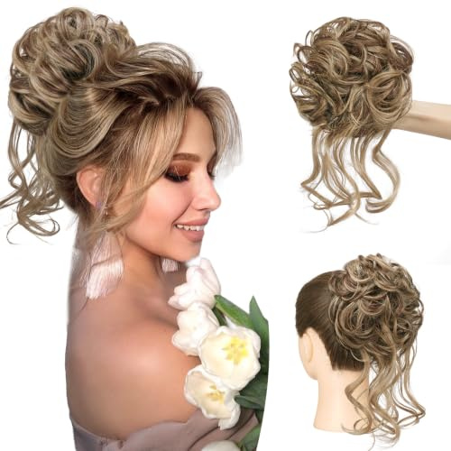 Sofeiyan Messy Bun Hair Piece,Hair Pieces for Women,Tousled Updo Hair Bun | Brown Mix Blond Messy Bun Scrunchie,Synthetic Messy Hair Chignons for Daily Wedding Holidays