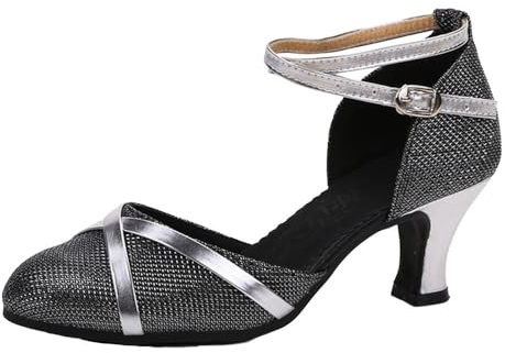 Chaussures de Danse Femme Confortables Bout Fermé Lantine Jazz Zumba Bachata Salsa （Noir Argenté Intérieur, Numéric_37）