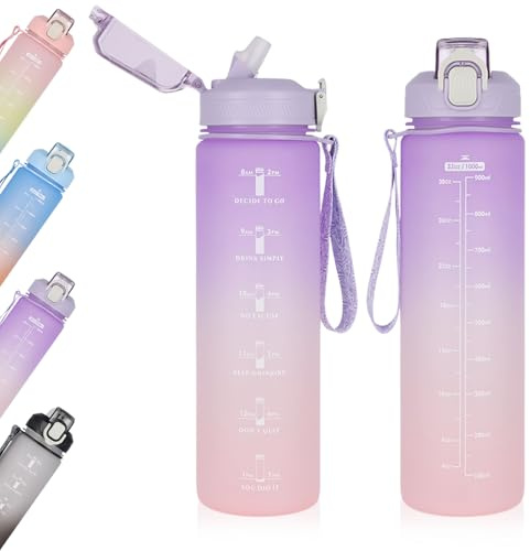 Fodlon Wasserflasche 1l, Große Trinkflasche mit Strohhalm Zeitmarkierung, Auslaufsicher Sportflasche für Herren Damen Kinder Fitness Yoga Gym Outdoor Schule Büros, Mattiert Transluzent (Lila)