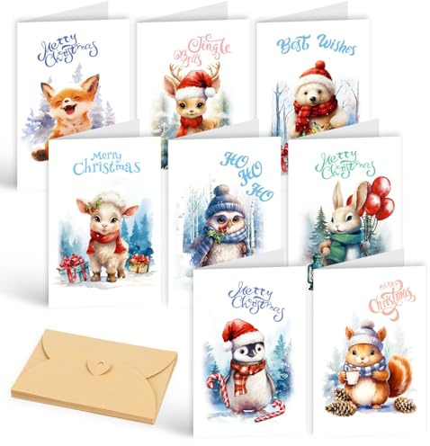 DERAYEE Biglietti Auguri di Natale,16 Pezzi Biglietto Natalizio con Buste,Cartoline Biglietti Piegati Natale per Famiglia,Amici,Colleghi