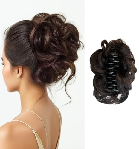 Fosrisix Curly Wavy Messy Bun Hair piece Easy Updo Extensions Claw Clips for Women Girls Dark Brown, Natural Fake Wig Tie Headpiece Chestnut Chocolate