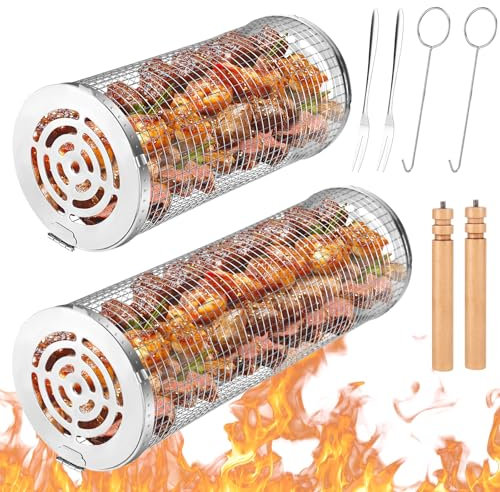 Farerkass Cestas para Parrilla Rodante, 2 Piezas Cesta de Barbacoa Cilíndrica de Acero Inoxidable, Accesorios para Barbacoas de Verduras al Aire Libre