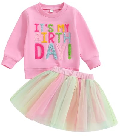 Loalirando - Traje de cumpleaños para niños y niñas de 2 piezas con sudadera de manga larga + falda tutu (12 meses a 9 años), rosa, 18-24 Meses