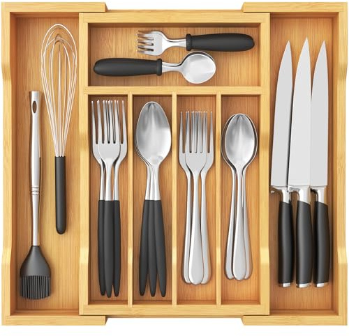 Lifewit Organizador Cubiertos de Bambú para Cajon, Extensible Bandeja Vajilla 24 a 40 cm, Profundidad de 33cm, Almacenaje Talheres para Cocina, Separador Ajustable para Utensilios/Cucharas/Herramienta
