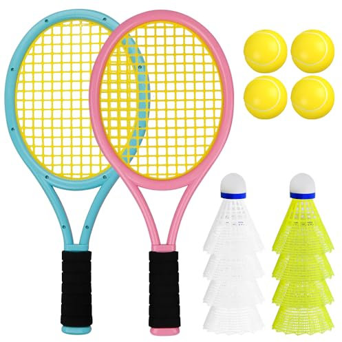 JOAASU TennisschläGer Kinder mit Tragetasche, TennisschläGer Set, 2 in 1 Badminton Tennis Schläger Set, 4 Weiche Trainingsbälle und 8 Badminton, Geschenkset für Kinder Outdoor Indoor Sport (Blau&Rosa)