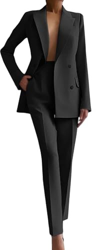 Dam dressy 2-delad byxdräkt, blazer och byxor, affärskostymer för kvinnor, kontorskläder, Svart, M