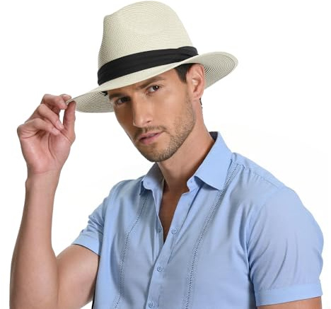 Sun Hat Straw Fedora Hats for Men Women Beach Hat Panama Hat Men Wide Brim Summer Hats UPF80+ Cream