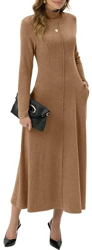 GRECERELLE Vestito lungo da donna con collo alto a maniche lunghe autunno inverno elegante casual quotidiano business appuntamento relax stretch abito lungo con tasche, cachi, M