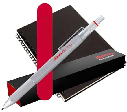 rOtring 600 3-in-1 Multicolour Pen & Mechanical Pencil | Silver Barrel | Ballpoint (black & red ink) + 0.5mm Pencil | Gift Box + A5 Spiral Notebook + Velvet Pouch