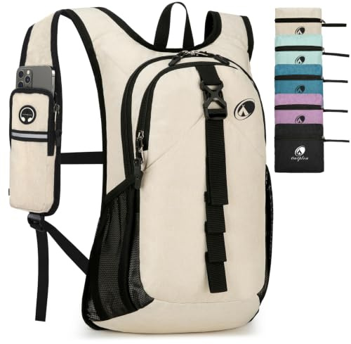 Outplea Folding Hiking Backpack with Phone Pocket for Men Women, Small Ultralight Packable Casual Daypack with Shoulder Chest Straps for Travel, 15L Foldable Lightweight Day Pack, Beige
