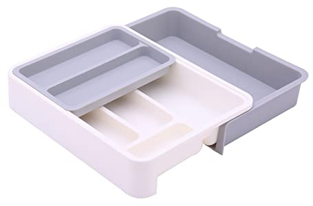 HornTide 3-in-1 Cutlery Tray, Expandable Utensils Holder, Plastic Kitchen Drawer Organizer for Silverware Storage and More - Gray