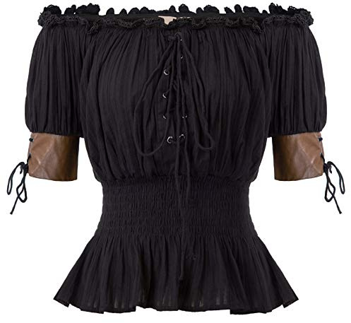 Women's Renaissance Corset Peasant Top Victorian Peplum Blouse Black S