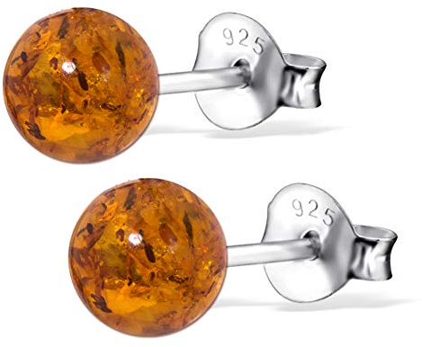 ANDANTE Premium Collection - Echter OSTSEE Bernstein Ohrstecker Ohrringe in 925 Sterling Silber ** Kugel ** Zertifiziert - Gold des MEERES - Farbe COGNAC
