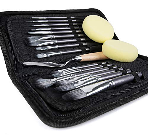 Artify Juego de 15 Pinceles Profesionales de Pintura Acrílica Óleo y Acuarela Gouache Incluye Estuche de Transporte Desplegable, Espátula y 2 Esponjas para Artistas,Principiante-Plateado