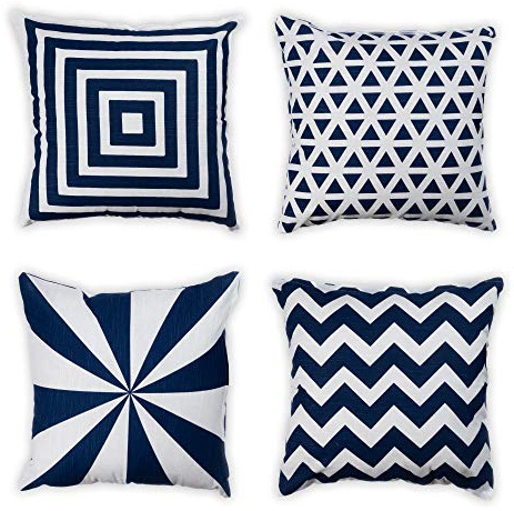 Penguin Home Set of 4 100% Slub Cotton Fabric Cushion Covers 45cm x 45cm Double Sided Square Pillow Covers with Invisible Zipper Pillow Cases for Living Room, Bedroom, Sofa (White/Navy Mix)