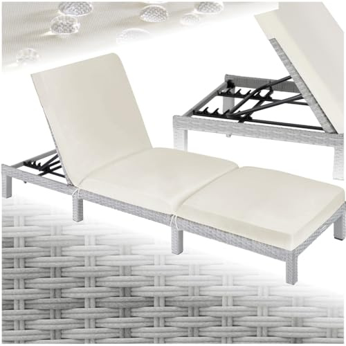 tectake® Lettino Prendisole in Rattan, Altezza Schienale Regolabile, Robusta Struttura in Acciaio, Lettino per Esterno e Interno, 196x66x22 cm, Cuscino Imbottito Rimovibile Incluso - Grigio Chiaro