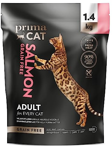 PrimaCat - Complete Dry Grain Free Salmon Cat Food, Adult Cat Food, 1.4kg | For Adult Cats, Grain Free, No Added Sugar, No Wheat, No Soy