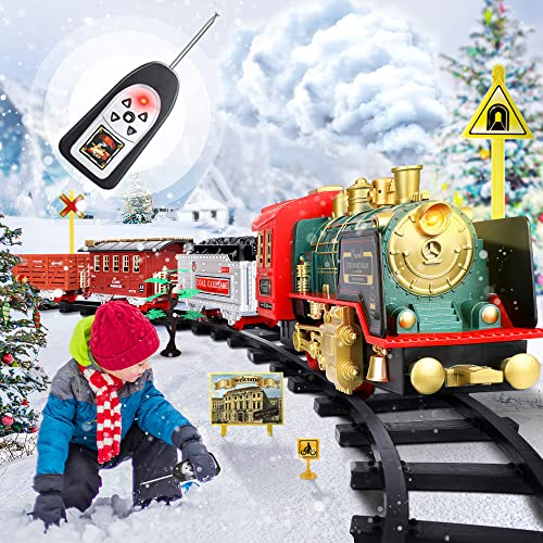 FRUSE Remote Control Christmas Train Set,Electric R/C Train Toy for Kids w/Smokes,Lights & Sound,Railway Kits w/Steam Locomotive Engine,Cargo Cars & Tracks,Present for 3 + Year Old Kids