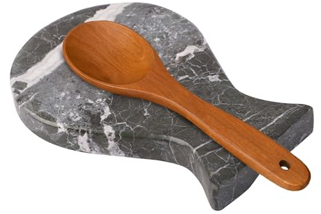 Marble Spoon Rest, Utensil Holder and Versatile Kitchen Counter Accessory with Adhesive Stickers for Secure Placement, 8L x 5.5W x 1H Inches, and Effortless Style and Functionality (BLACK)