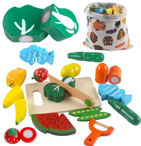 huruirui KinderküChe Zubehör Spielzeug,Hölzernes Schneiden Sie Obst und Gemüse Holzspielzeug,Lernspielzeug für Kochsimulation und Farberkennung,2 3Mädchen und Jungen Weihnachten Geburtstags Geschenk