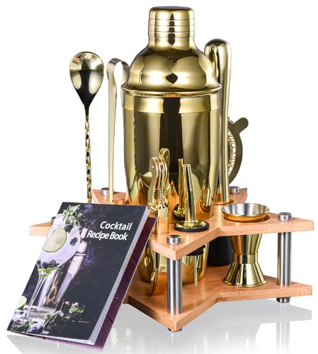 Esmula - Set di shaker da cocktail, 750 ml, 10 pezzi, in acciaio inox, regalo per uomini, donne, amici, per la casa, con ricettario per cocktail (placcato oro titanio)
