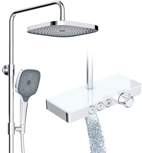 Rainsworth Colonna Doccia con Miscelatore Termostatico e ripiano in vetro cromato, 26 x 26 cm Soffione Doccia, 36 x 14 cm piastra termostatica, Colonna Doccia Altezza Regolabile, doccetta