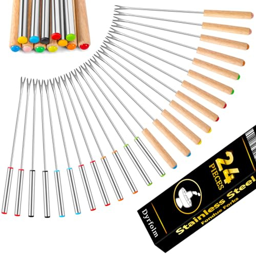 Dyrfolm 24 PCS Fondue Forks Stainless Steel,12 Wood Handles and 12 Stainless Steel Handles,9.3Color Coding Cheese Fondue Fork,Heat Resistant Fondue Sticks for Chocolate Fountain Marshmallows,6 Color
