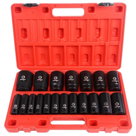 DISEN 19 Pcs 1/2 SAE Impact Socket Set, Deep Sockets 3/8- 1-1/2, 6-Point Cr-V & Alloy Steel, 1/2 Inches Drive Impact Socket Set,Rugged Construction, Enhanced Storage Case