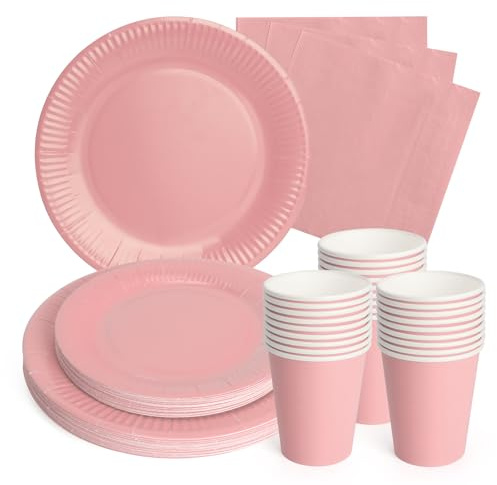 PARTY GO Stoviglie per feste, accessori per feste, set rosa, decorazione per compleanni, feste per bambini, stoviglie da 24 9, piatti di carta da 24 7, piatti di carta, 24 bicchieri di carta, 24