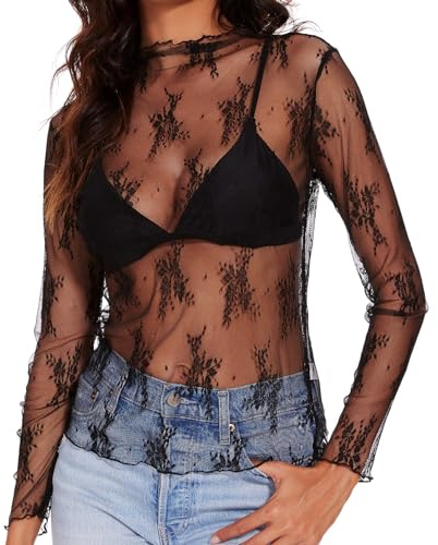 XZQTIVE Womens Lace Mesh Long Sleeve Tops Trendy Sheer See Through Blouse