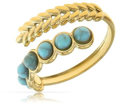Made by Nami Boho Ring Damen Gold mit Perlen Damen Edelstein Ring Verstellbar aus Chirurgischem Edelstahl Sommer Boho Schmuck Wasserfester Schmuck Geschenk für Sie (Feder Türkis)
