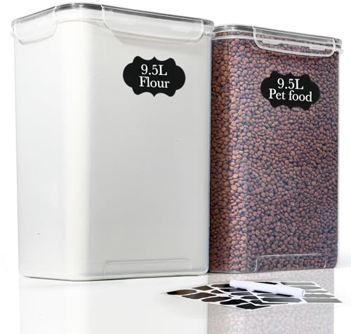 GoMaihe Juego de 2 tarros de almacenamiento XXL Contenedor grande de 9,5 l con etiqueta y bolígrafo | Almacenamiento de cocina, ideal para comida de mascotas | Sellado con tapa | Sin BPA