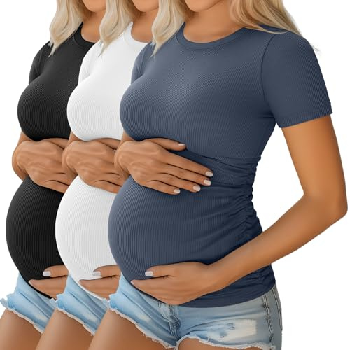 Ficerd 3 Pack Women's Maternity Shirts Cotton Short Sleeve Pregnancy Tops Side Ruched Ribbed Casual Mama tees Clothes(Black, White, Haze Blue,Medium)