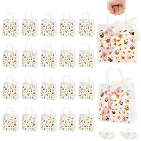 DIYJEP 20 pezzi Sacchetti Regalo Trasparenti con Nastro, Sacchetto Regalo di Compleanno in Plastica PVC con Manici, Borse Buste Riutilizzabili per Feste, Compleanni e Matrimoni (20 x 19,5 x 7,5 cm)