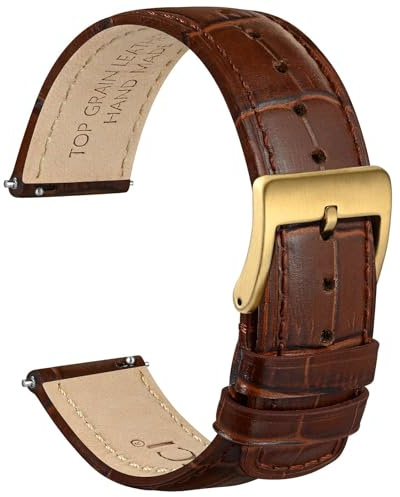 WOCCI 20mm Watch Band, Top Grain Leather, Embossed Alligator Grain, Quick Release, Golden Buckle (Brown)
