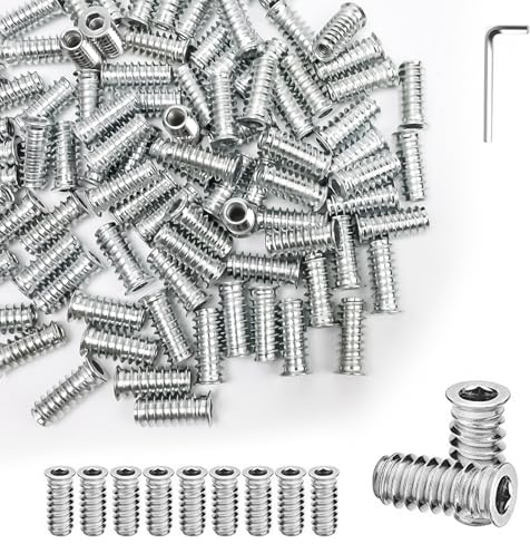 FINELYCR Tuercas Embutidas, 100 Unidades M6 X 25 mm Tuercas Roscadas Hexagonales Insertos, Galvanizado Blanco Insertos Roscados, con Llave, para Unión de Madera, Montaje de Muebles