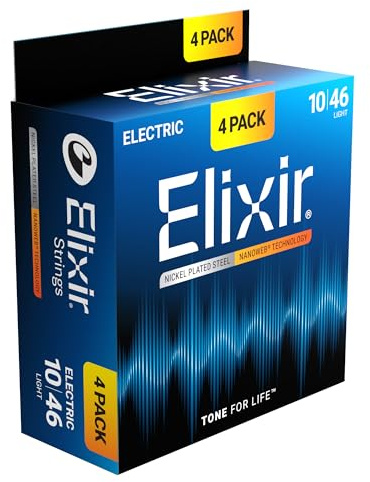 Elixir Cuerdas Strings para guitarra eléctrica con tecnología NANOWEB, ligeras (.010-.046), paquete de 4 unidades especial de Amazon
