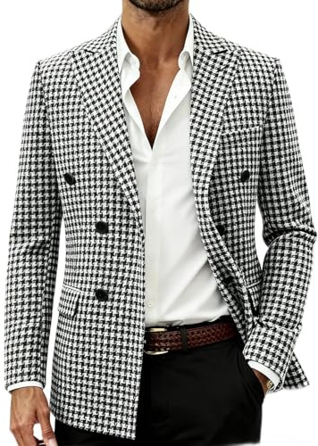 i · FineLong Veste de Costume pour Homme, Motif Pied-de-Poule, Coupe ajustée, Tendance, décontracté, à Double Boutonnage, Manteau de Smoking, Noir/Blanc, Taille L