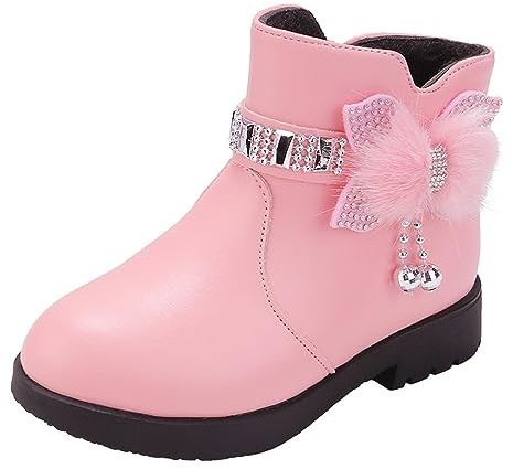 2026 - Botas de invierno para mujer, zapatos de tacón grueso, corto y cálido, de piel, con lazo para bebé, Pink, 26 EU