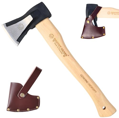 MASTIFF GEARS Wood Splitting Axe, 16.5 Inch/42cm 2.25lb/1kg, 1055 Carbon Steel Forged Camp Axe with American Hickory Handle, German DIN Certified, Genuine Leather Sheath for Firewood Camping Yard Work