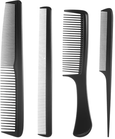 Professional Plastic Black Comb Set for Women and Man, Rat Tail Comb, Wide-Tooth Combs, Fine-Tooth Combs for Teasing and Parting for All Hair Types 4 Pcs